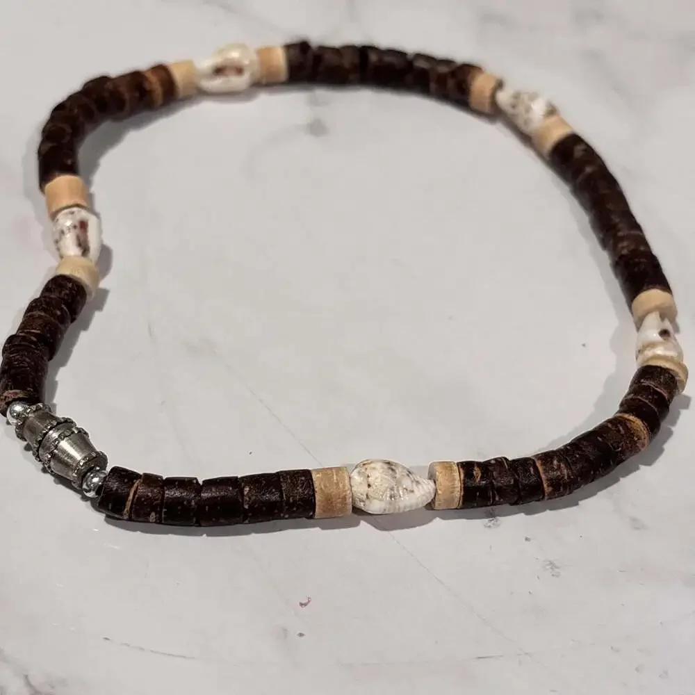 Unisex Surfer Style Brown Coconut Shell and Sea Shell Beaded Choker Necklace